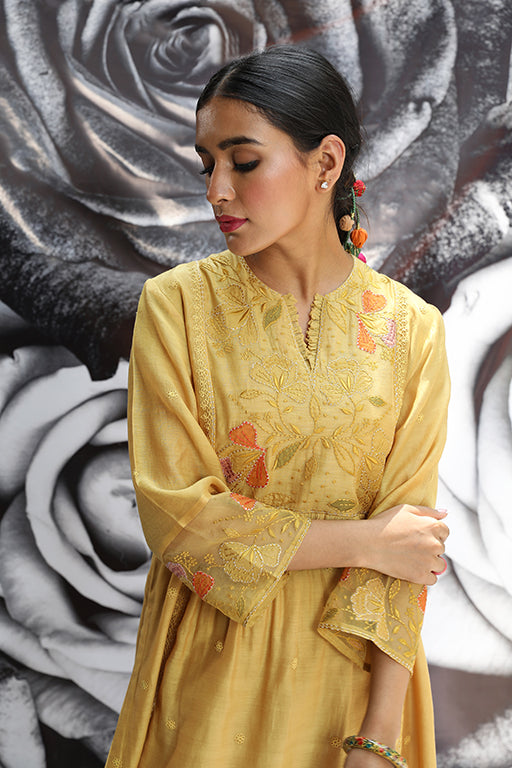 Yellow Applique Frock Style Kurta Set