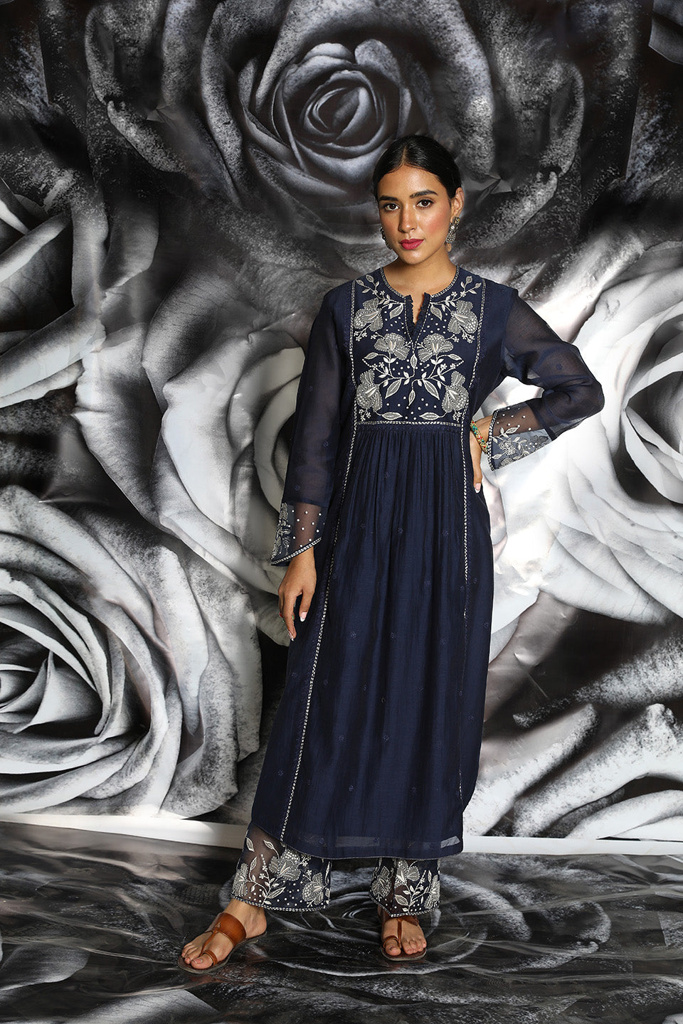 Navy Blue Applique Frock Style Kurta Set