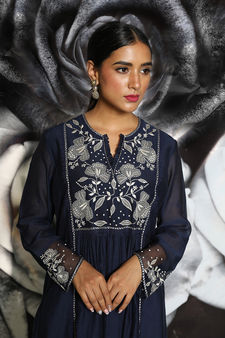 Navy Blue Applique Frock Style Kurta Set