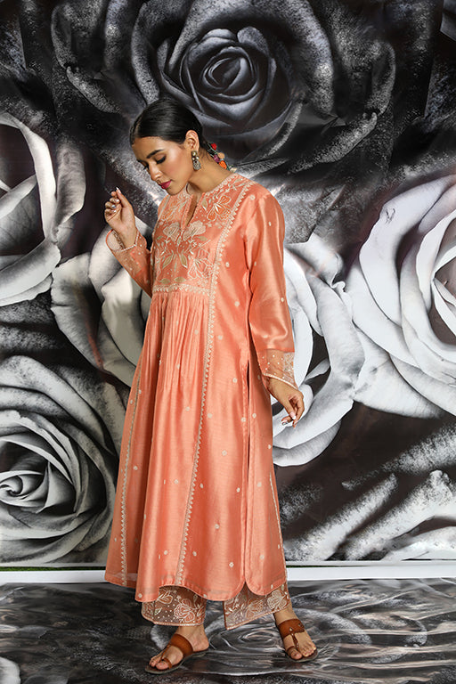 Peach Applique Frockstyle Kurta Set