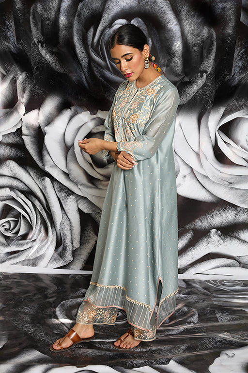 Sky Blue Applique Layered Kurta Set