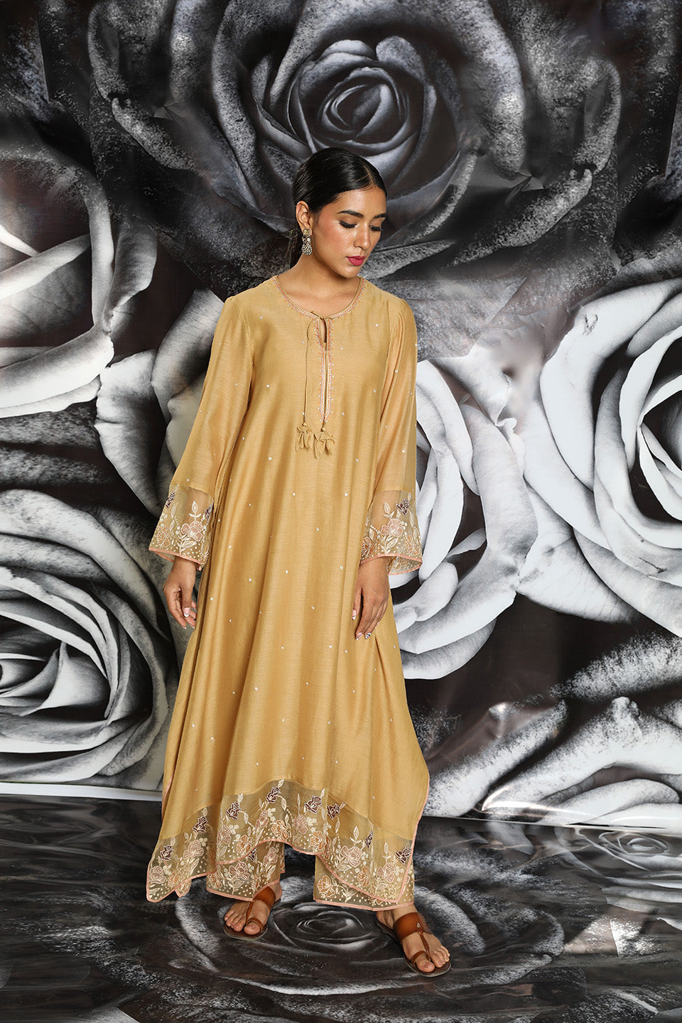 Beige Applique Layered Heavy Kurta Set