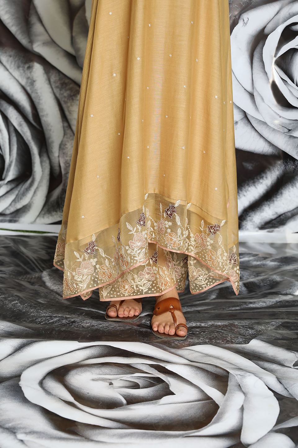 Beige Applique Layered Heavy Kurta Set
