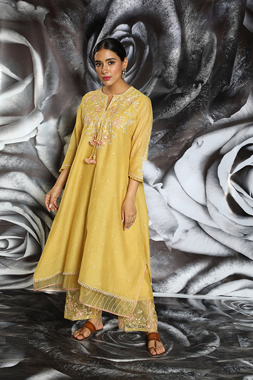 Mustard Applique Layered Kurta Set