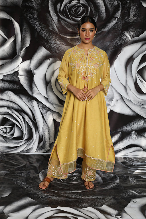 Mustard Applique Layered Kurta Set