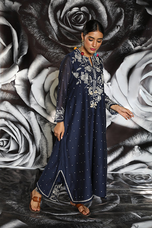 Navy Blue Applique Yoke Kurta Set