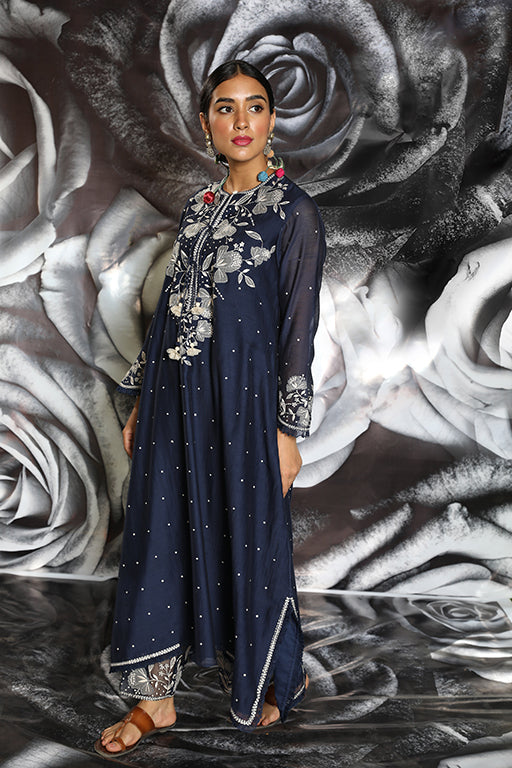 Navy Blue Applique Yoke Kurta Set