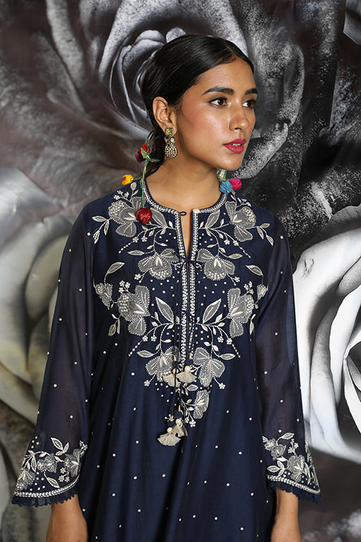 Navy Blue Applique Yoke Kurta Set