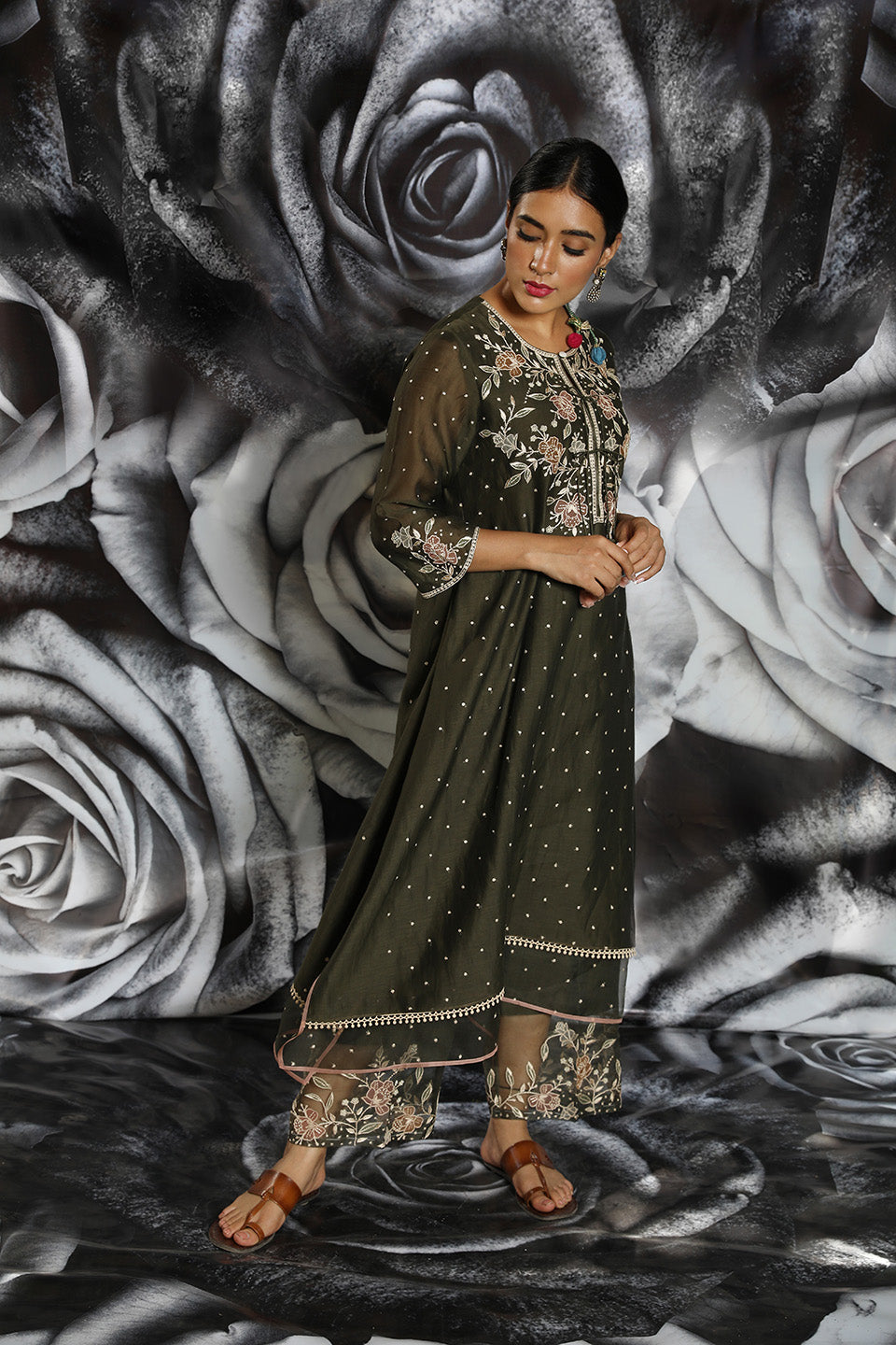 Green Applique Layered Kurta Set
