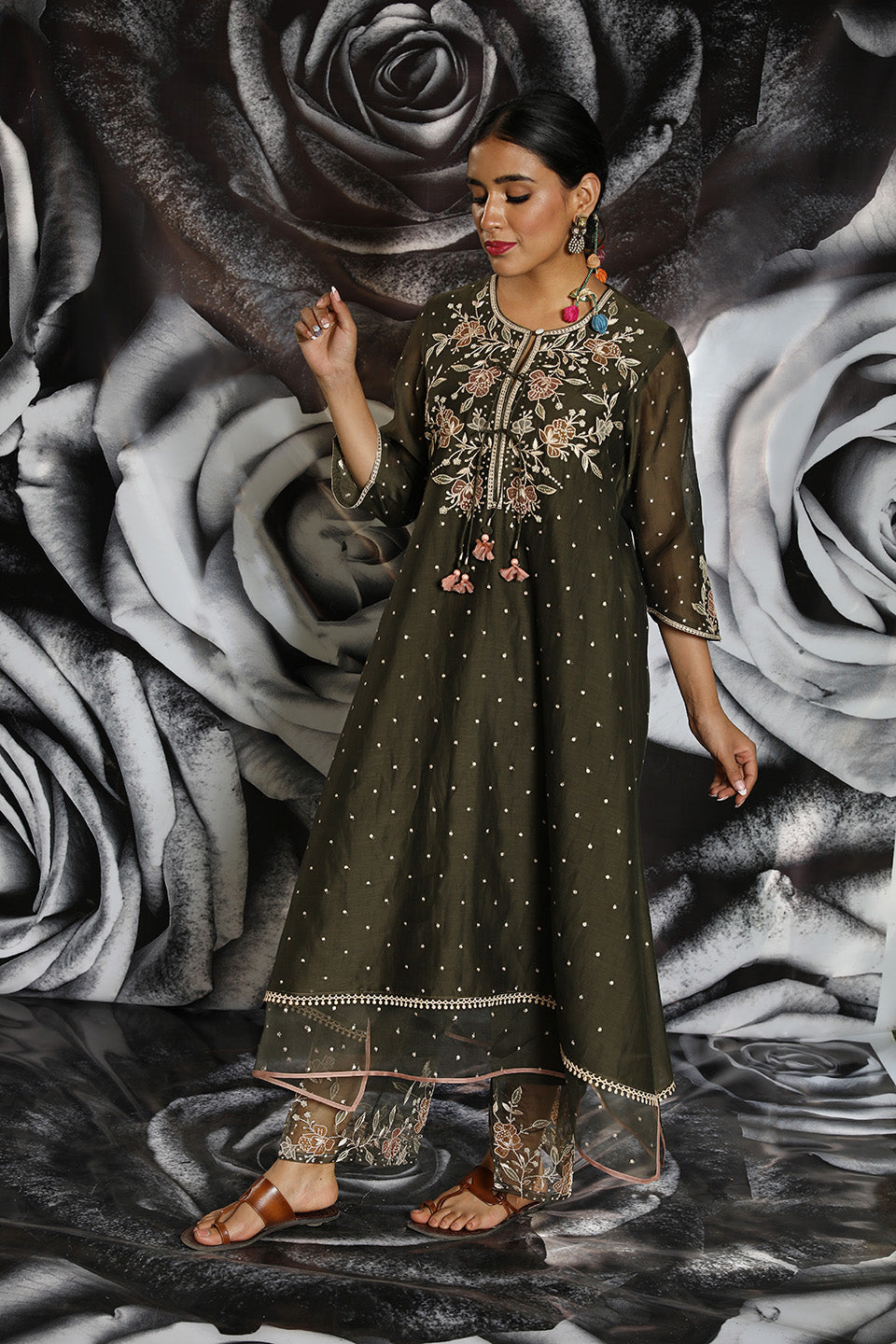 Green Applique Layered Kurta Set