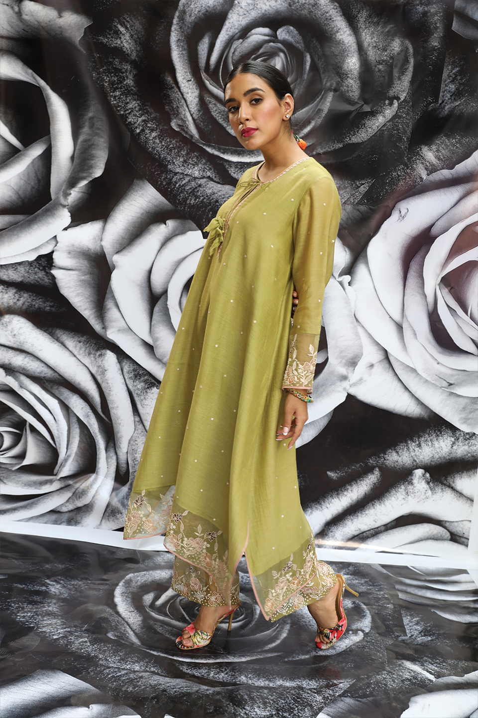 Green Applique Layered Heavy Kurta Set