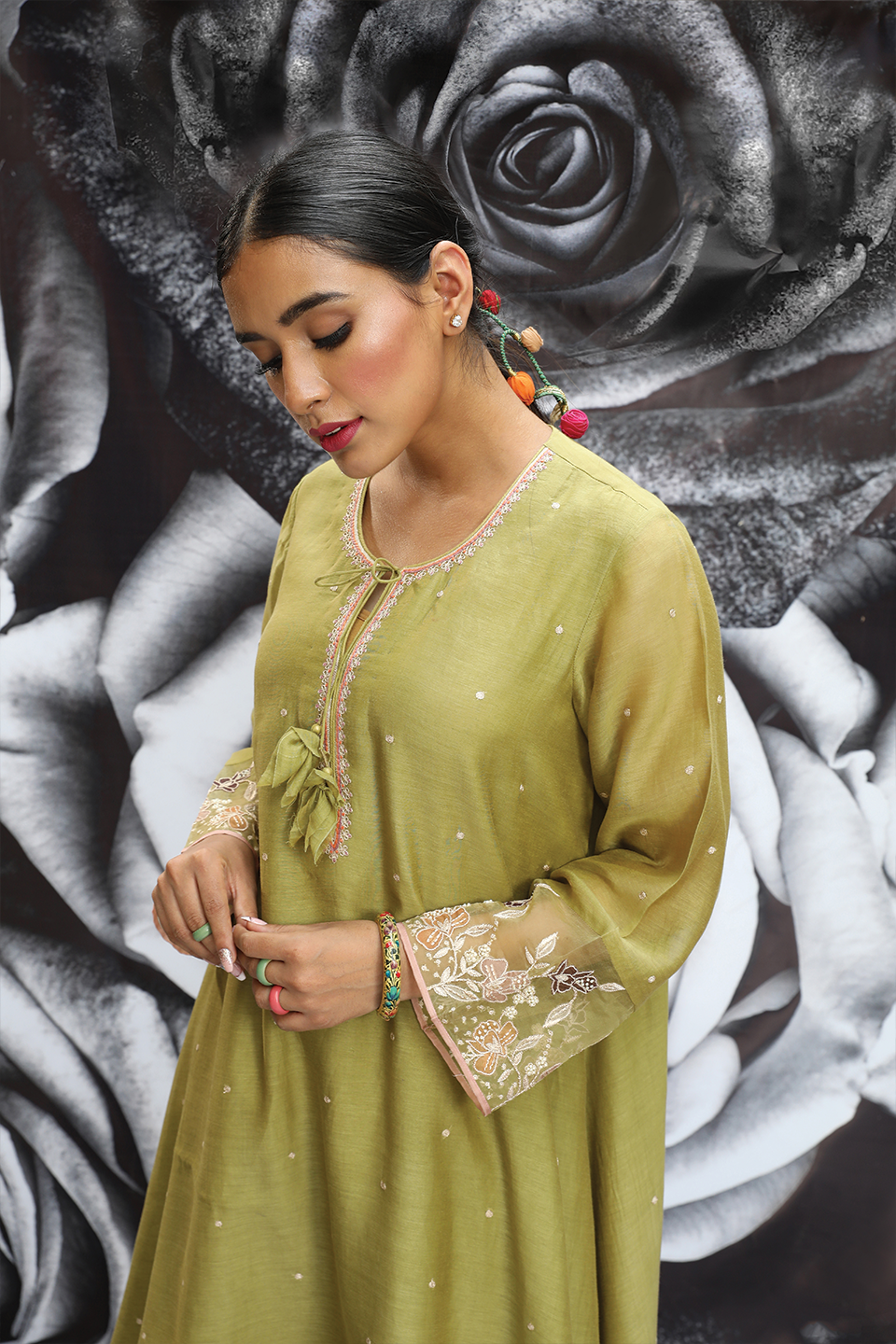Green Applique Layered Heavy Kurta Set