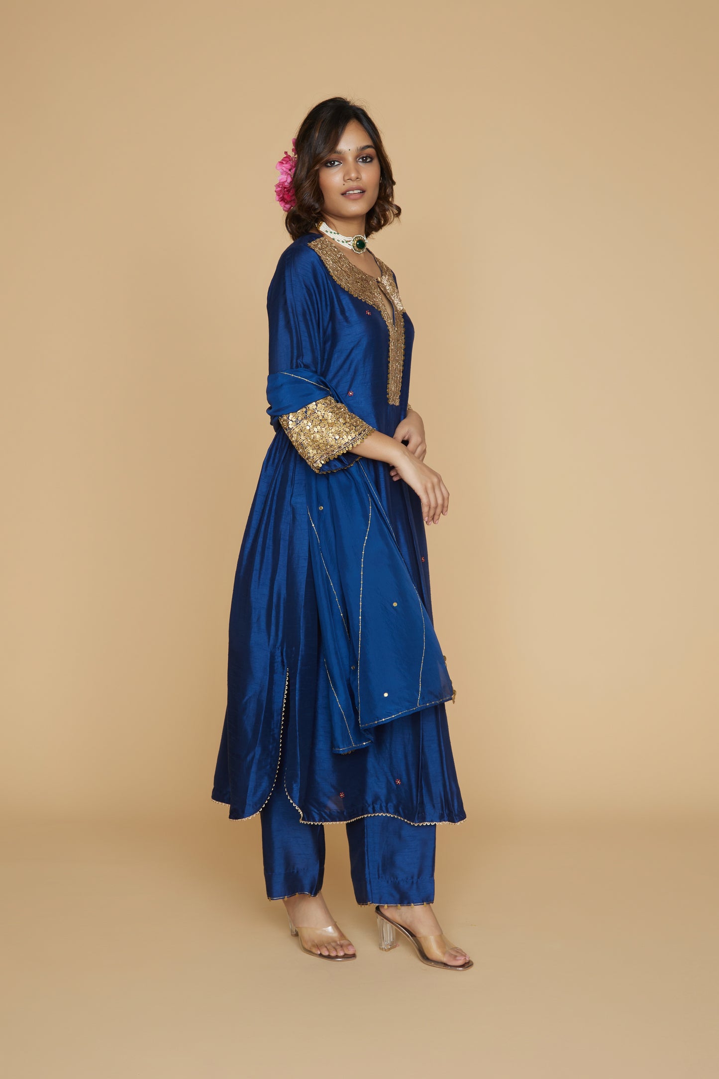 Blue Heavy Pitta Neck & Marodi Sleeves Kurta Set