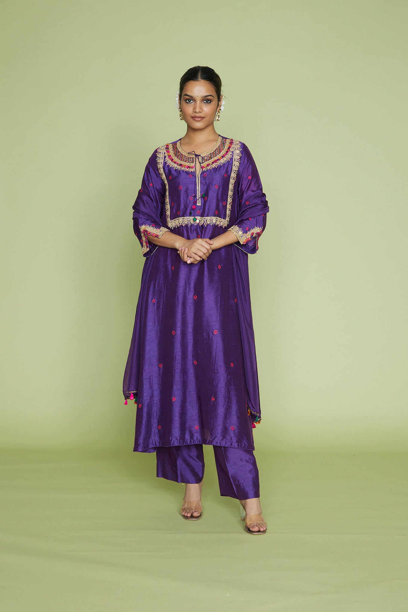 Purple Colorful Coin Square Neck Kurta Set