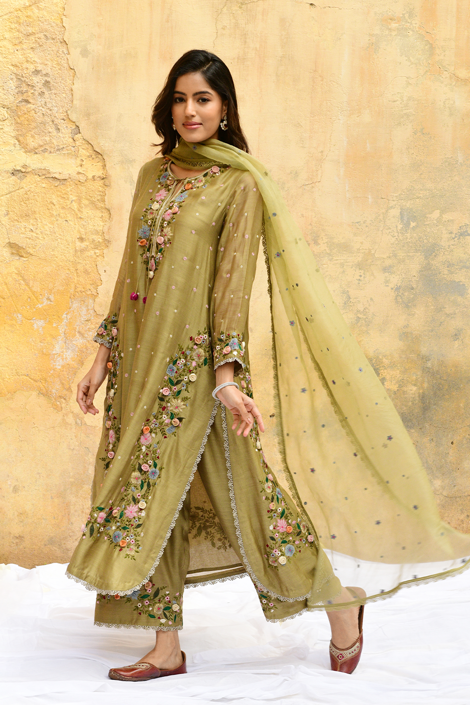 Olive Green Orchid Heavy Long Kurta