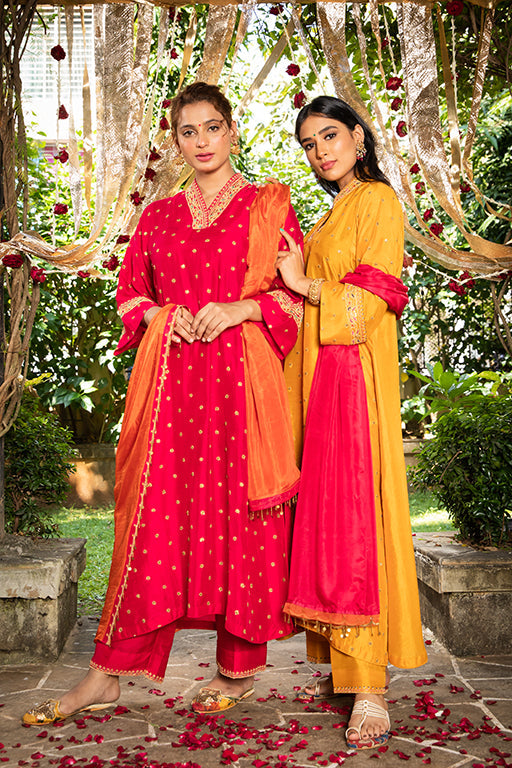 Mustard Resham V Neck Kurta Set
