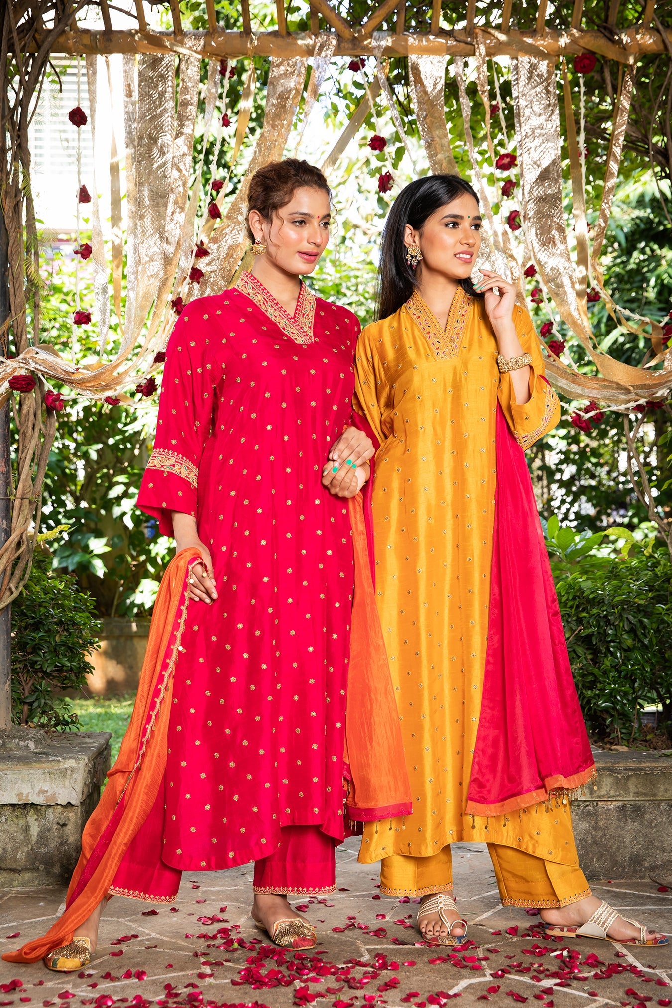 Mustard Resham V Neck Kurta Set
