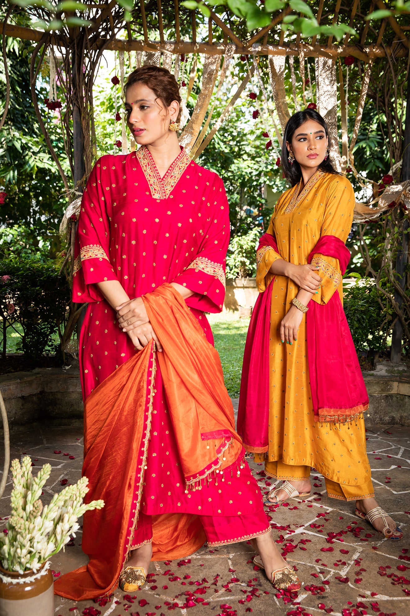 Pink Resham V Neck Kurta Set
