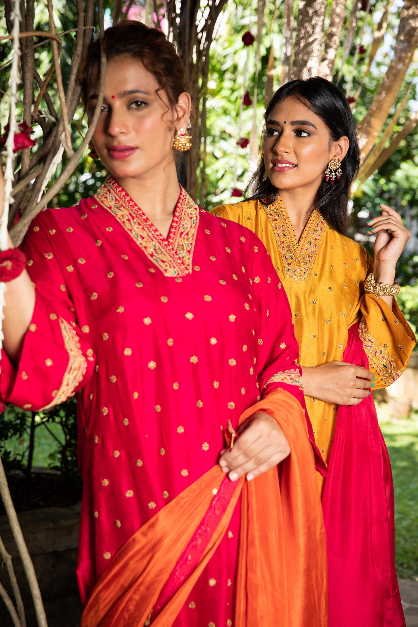 Pink Resham V Neck Kurta Set