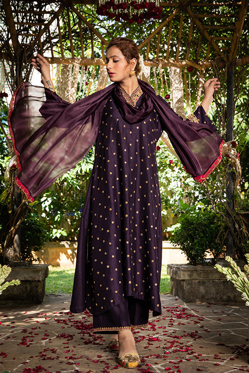 Purple Resham V Neck Kurta Set
