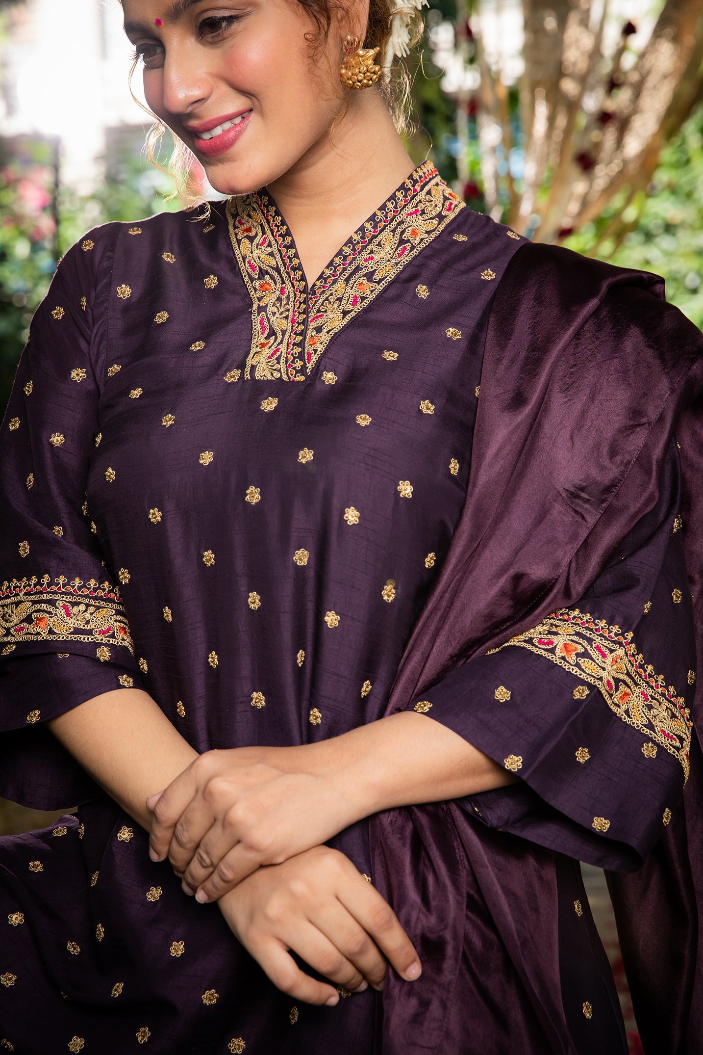Purple Resham V Neck Kurta Set