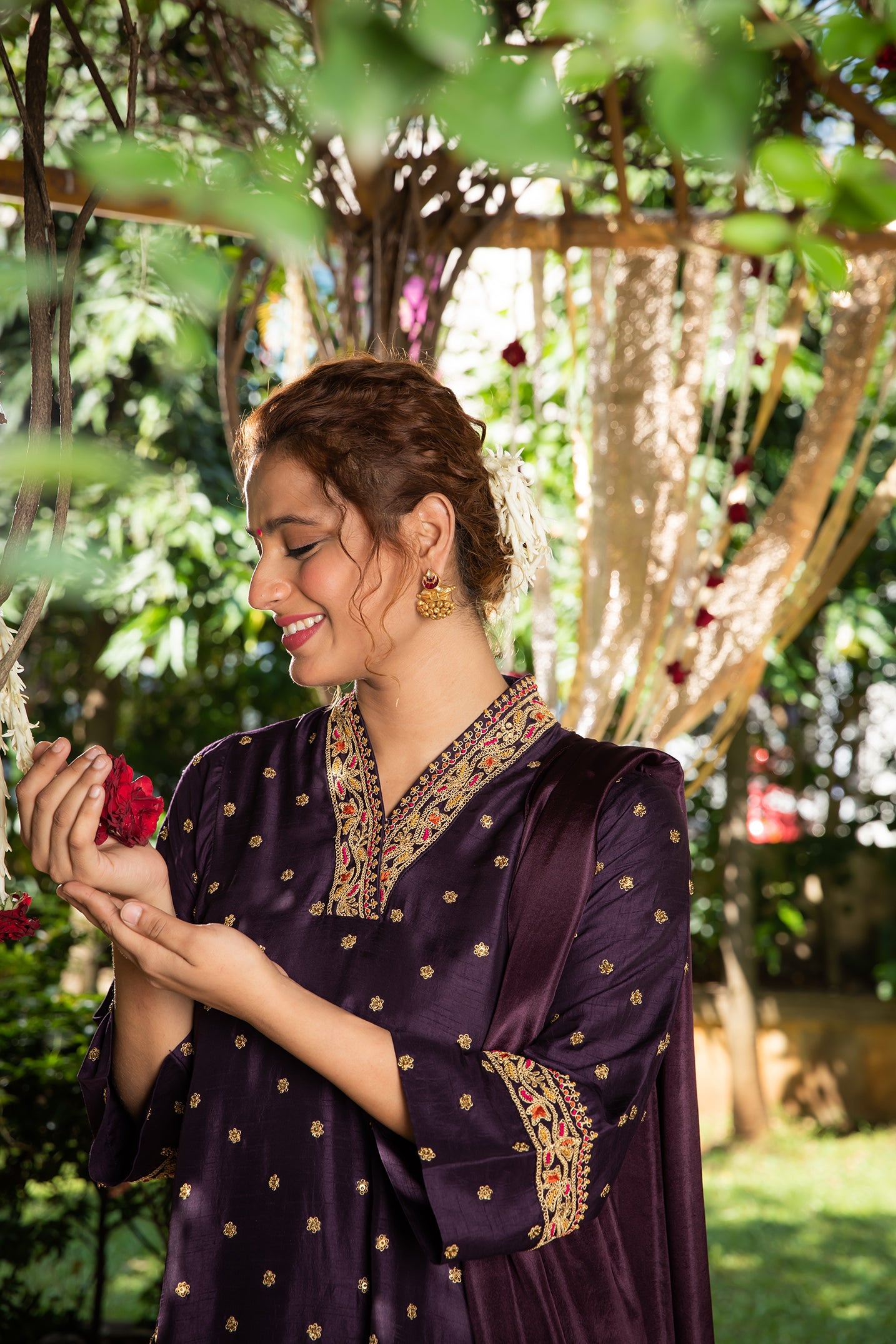 Purple Resham V Neck Kurta Set