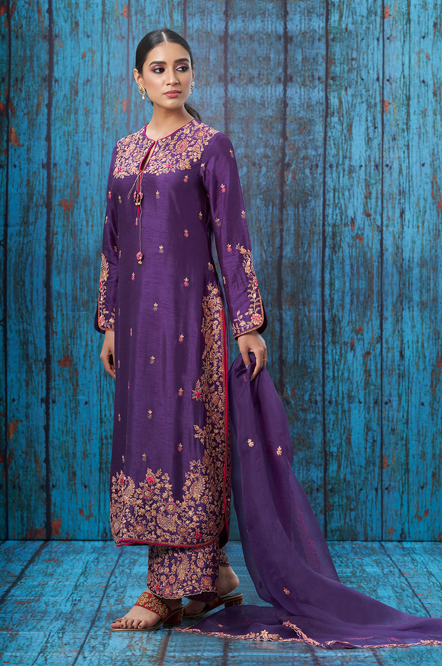 Purple Kairi Buta Jaal Long Kurta Set
