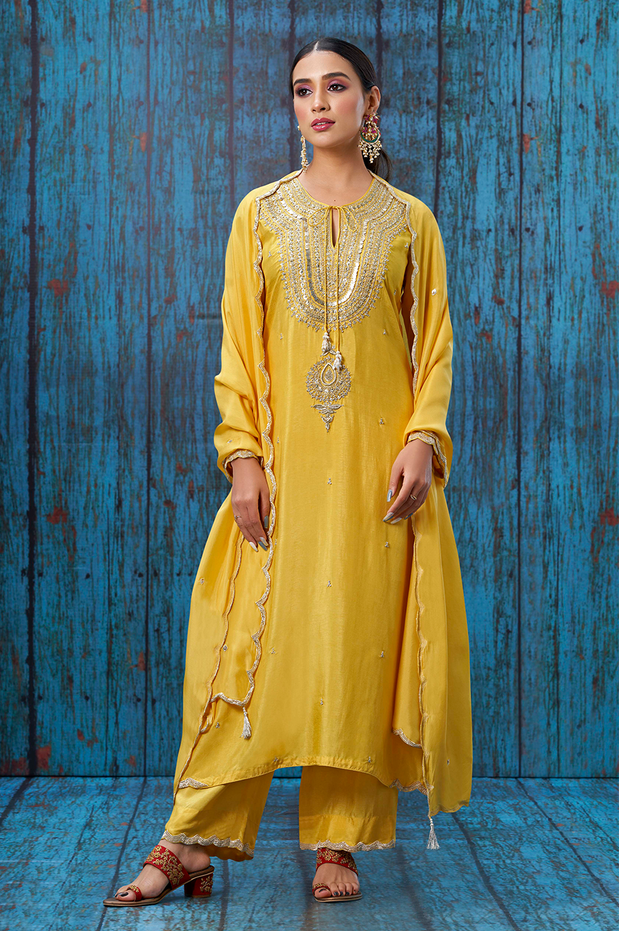 Yellow Tikki and Silver Zardozi Kurta Set