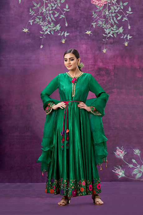 Green Floral Applique Anarkali Set