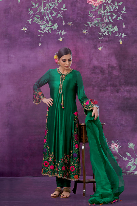 Green Floral Applique Long Kurta Set