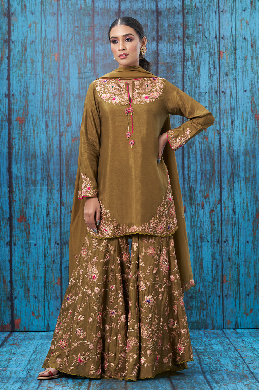Olive Green Kairi Buta Jaal Sharara Set