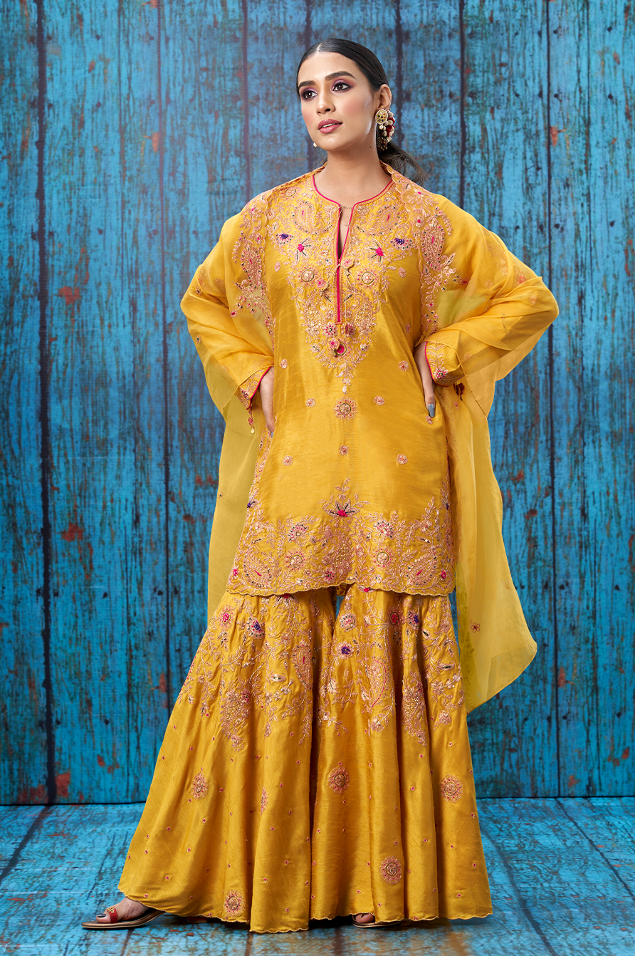 Mustard Kairi Buta Jaal Sharara Set