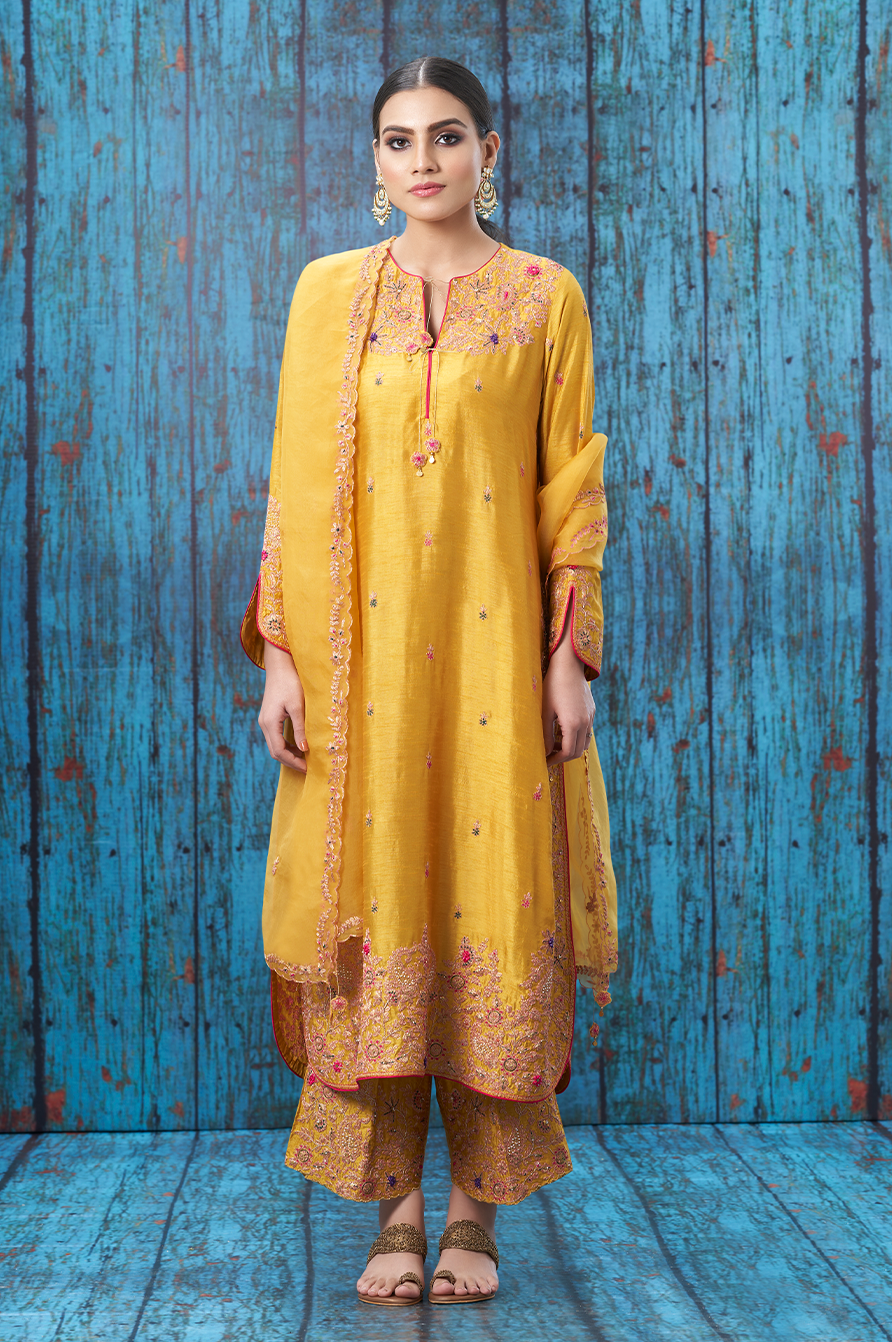 Mustard Kairi Buta Jaal Long Kurta Set