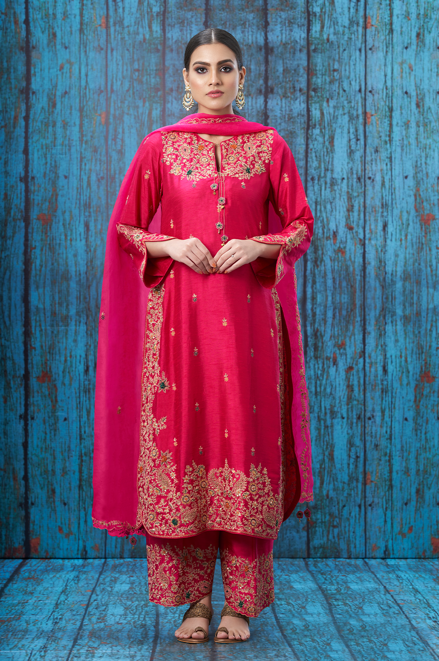 Pink Kairi Buta Jaal Long Kurta Set