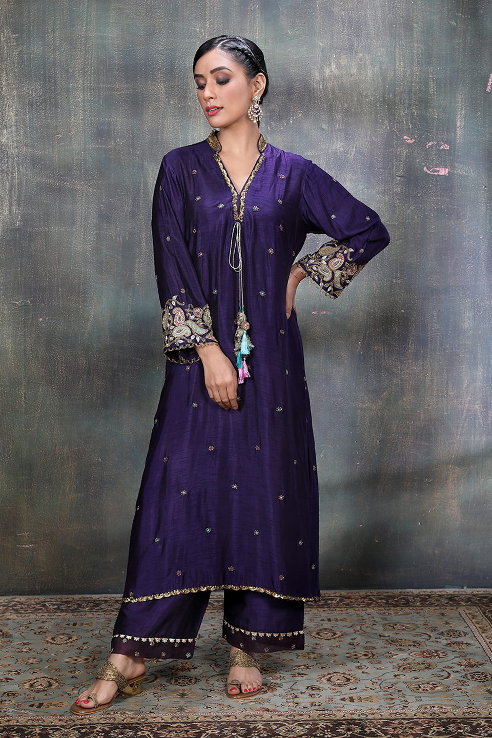 Purple Mughal Jaal Heavy Sleeves Kurta Set