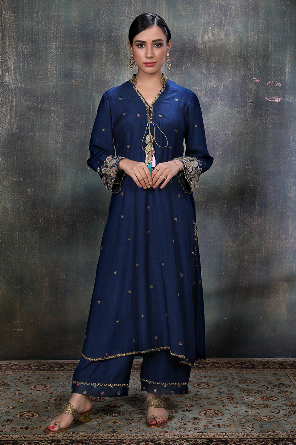 Blue Mughal Jaal Heavy Sleeves Kurta Set