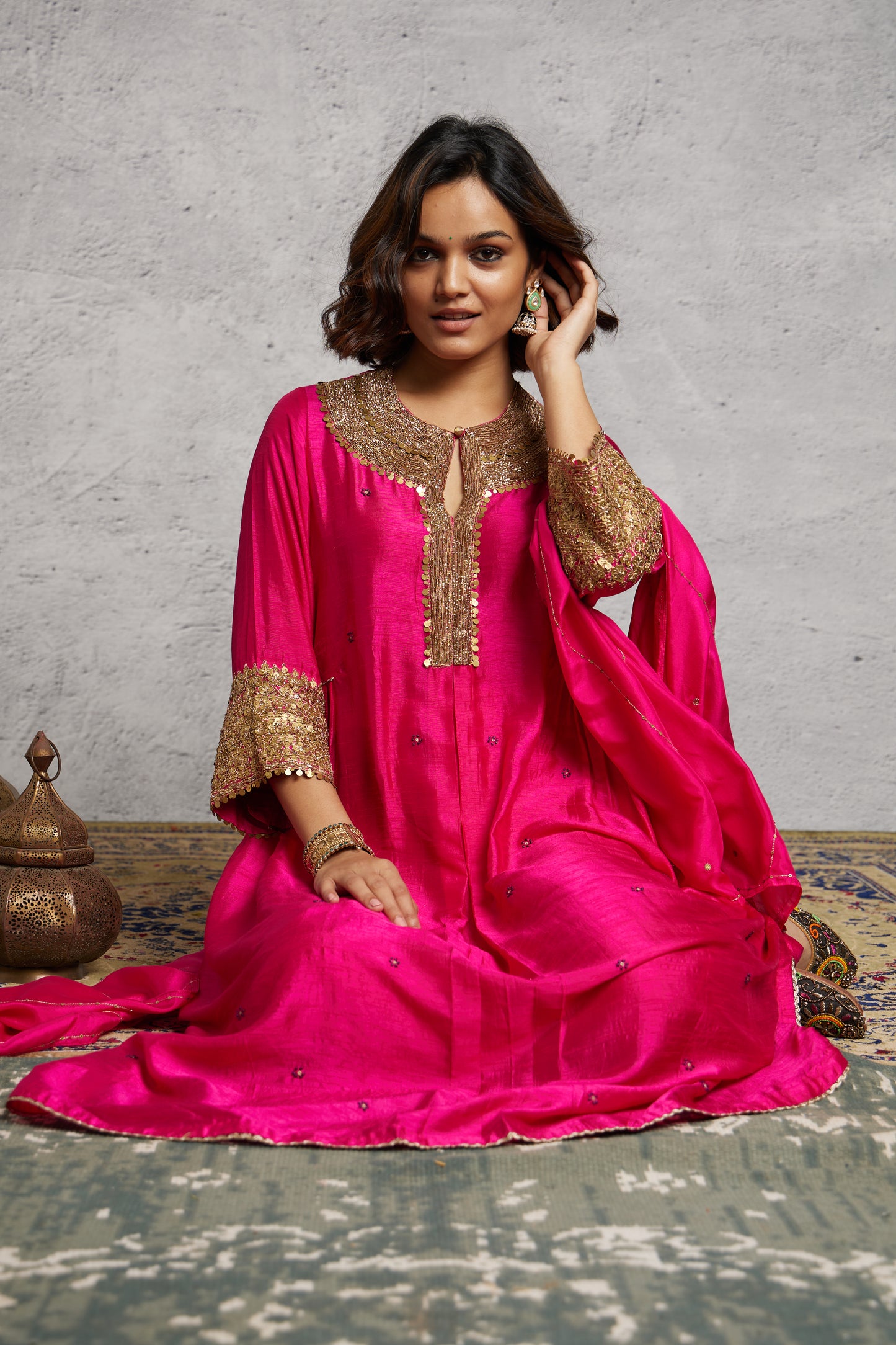 Pink Heavy Pitta Neck & Marodi Sleeves Kurta Set