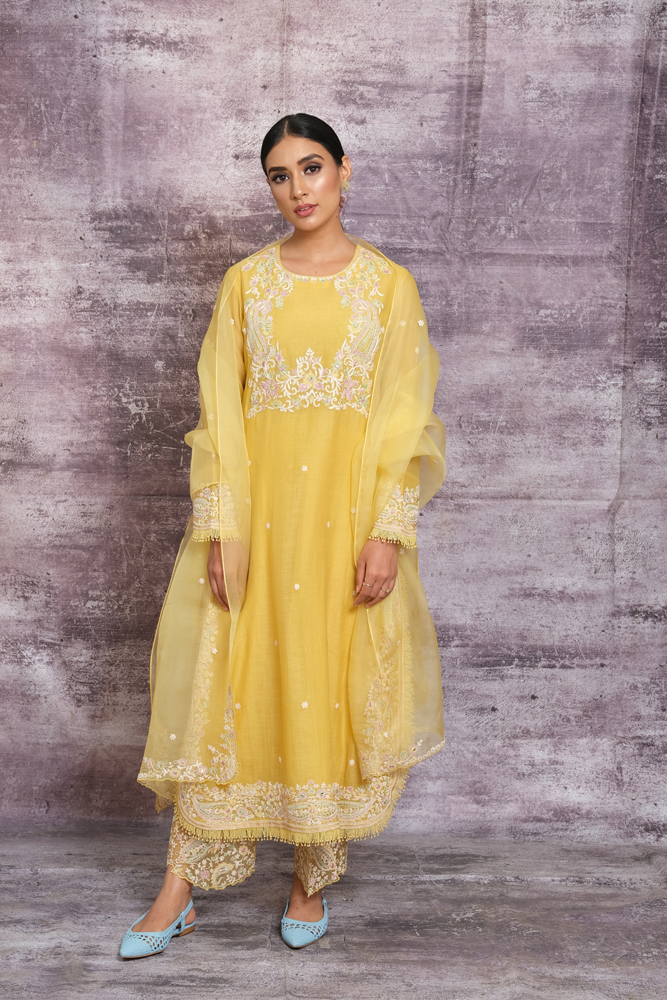 Yellow Dori Paisley Yoke Long Kurta Set