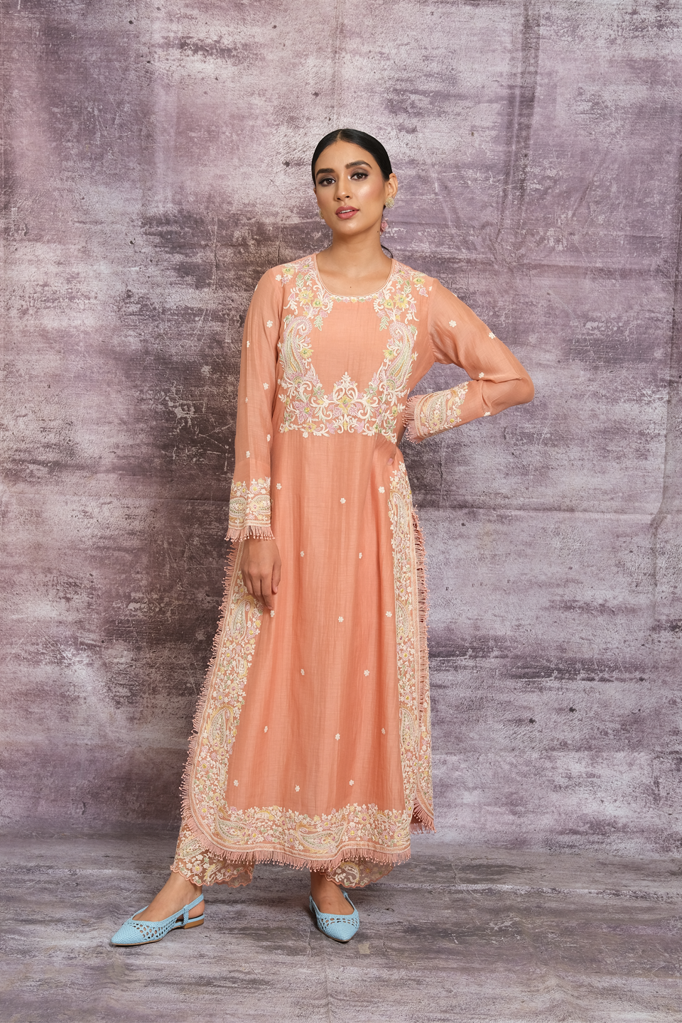 Peach Dori Paisley Yoke Long Kurta Set