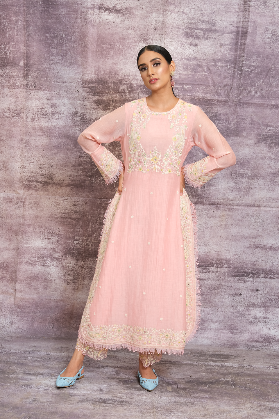Pink Dori Paisley Yoke Long Kurta Set
