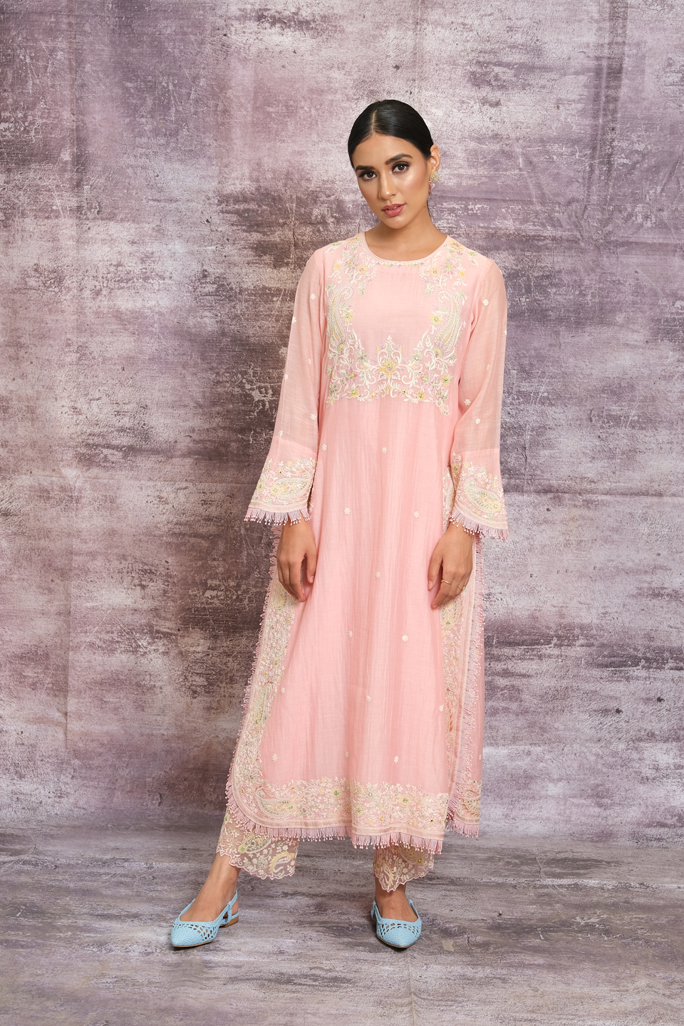 Pink Dori Paisley Yoke Long Kurta Set