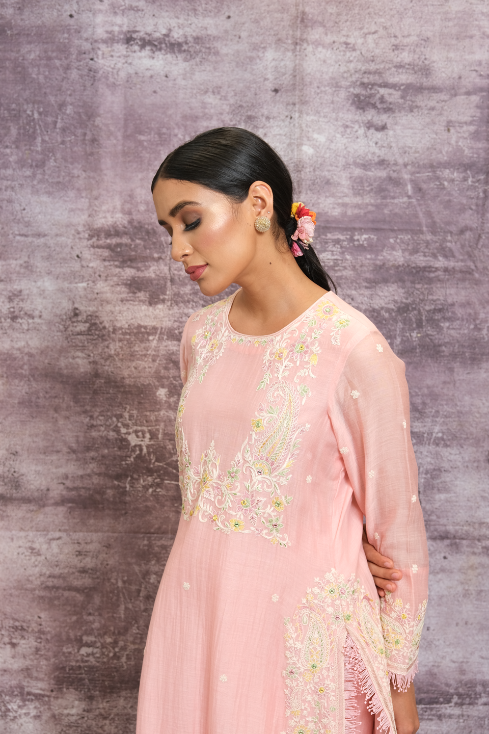 Pink Dori Paisley Yoke Long Kurta Set
