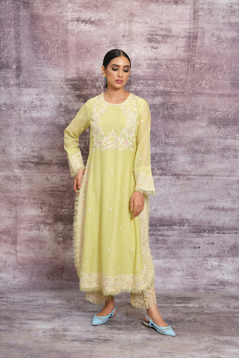 Green Dori Paisley Yoke Long Kurta Set