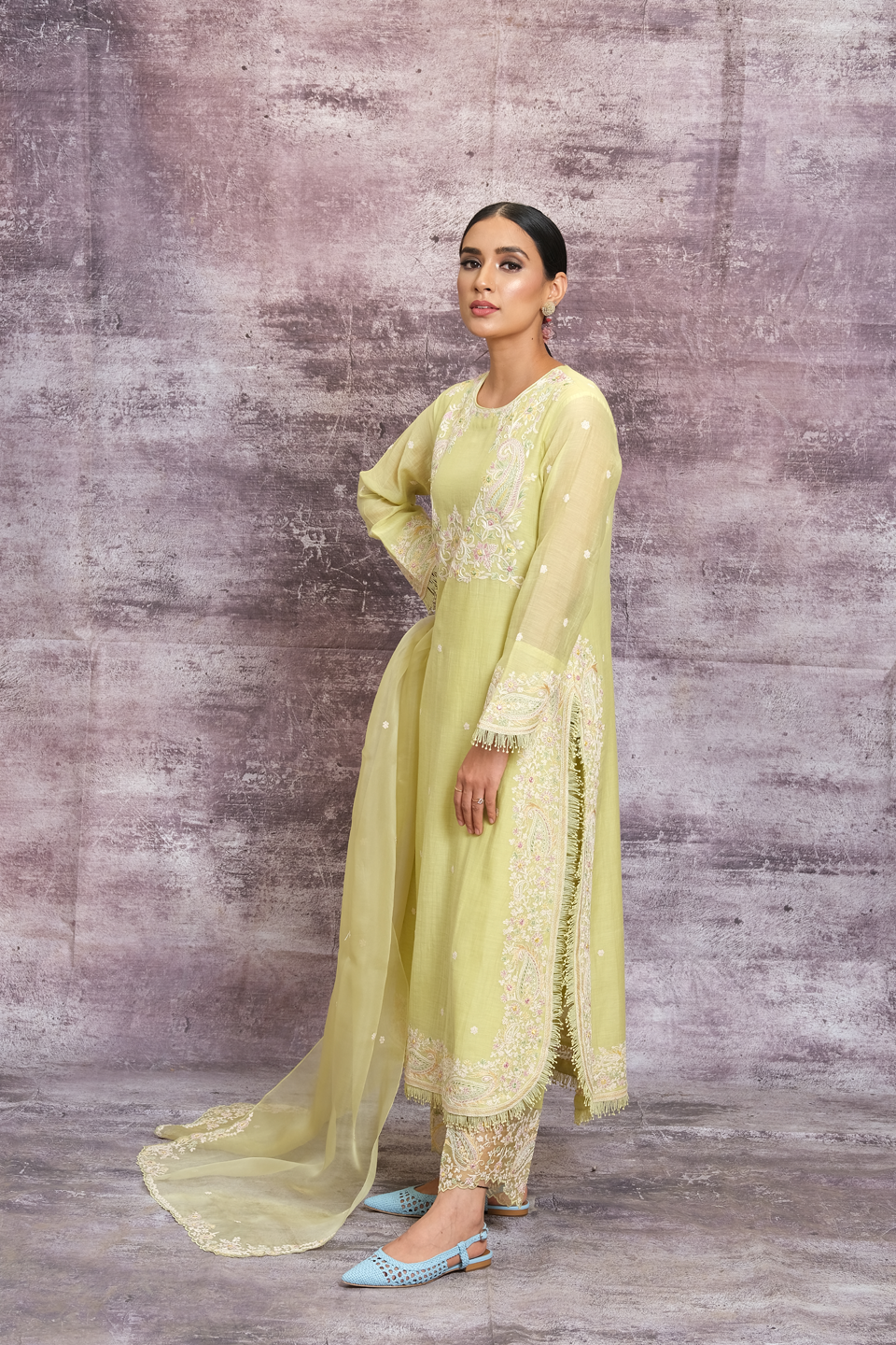 Green Dori Paisley Yoke Long Kurta Set