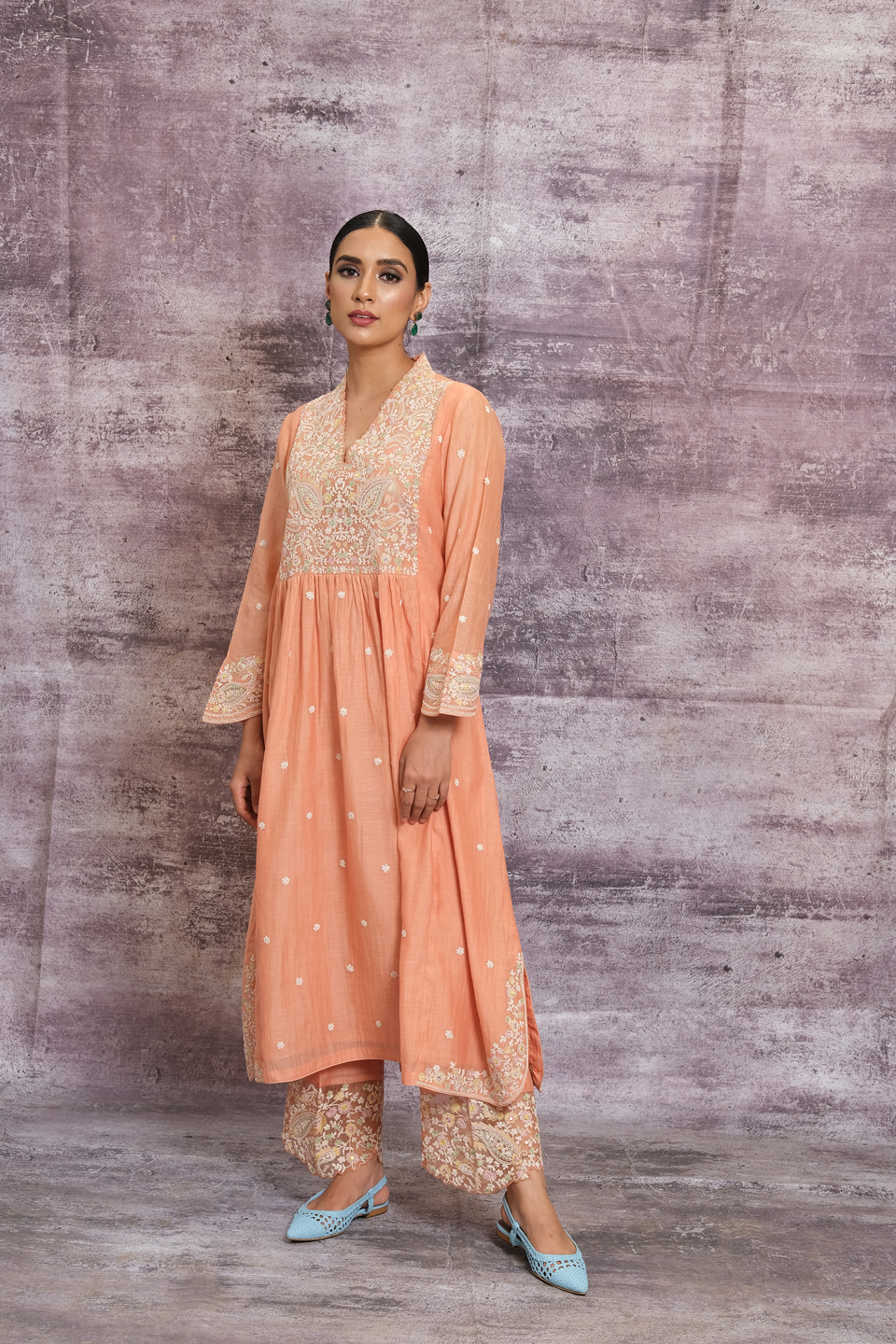 Peach Dori Paisley Frock Style Kurta Set