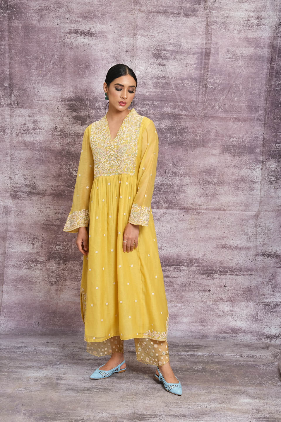Yellow Dori Paisley Frock Style Kurta Set