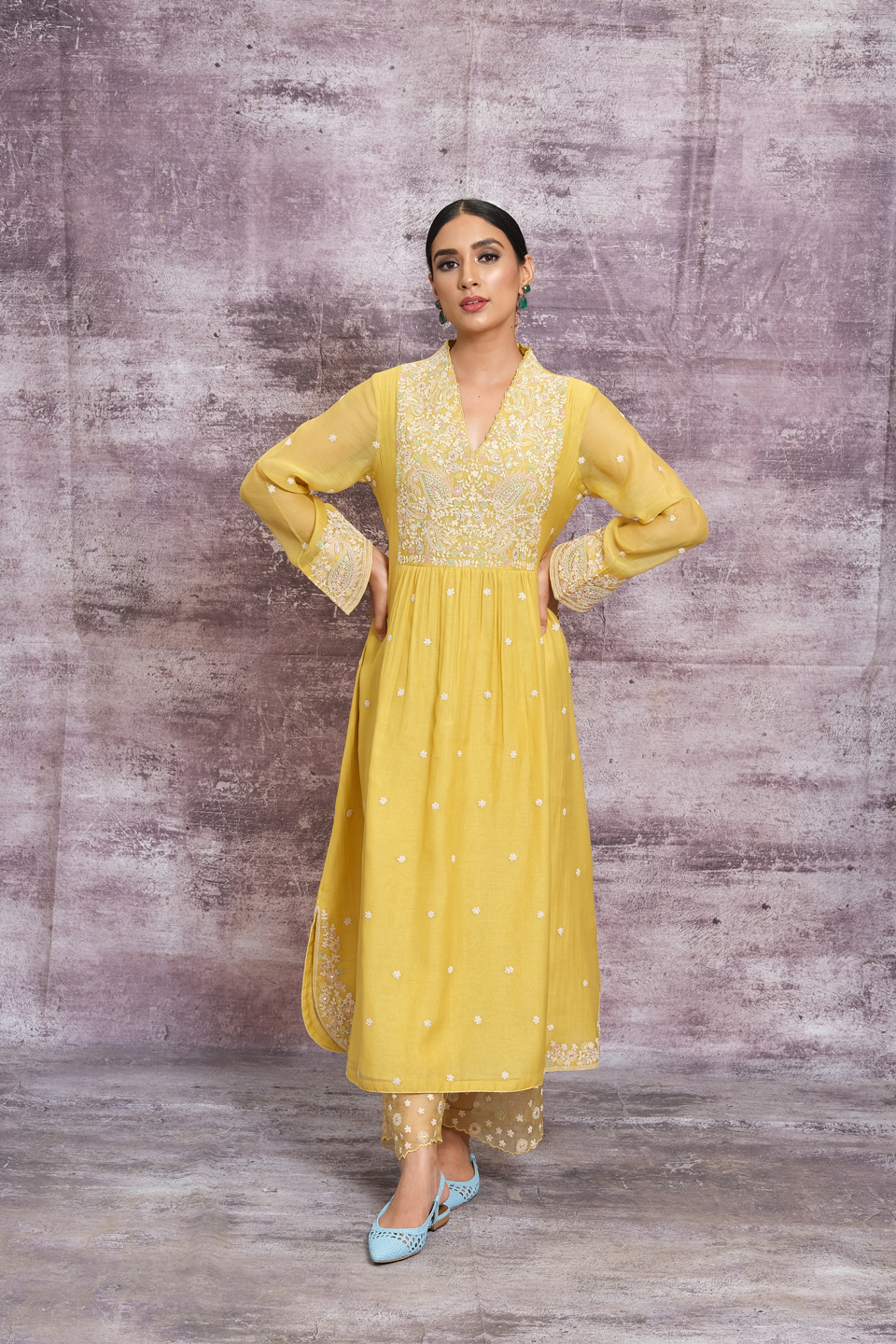 Yellow Dori Paisley Frock Style Kurta Set