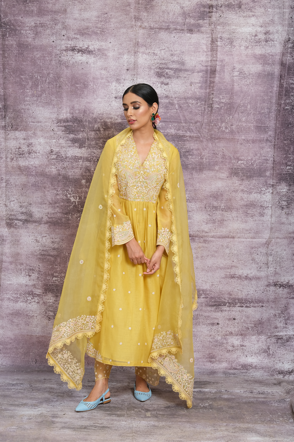 Yellow Dori Paisley Frock Style Kurta Set