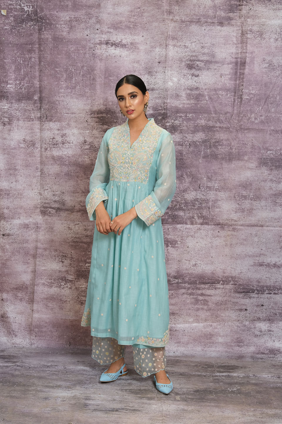 Light Blue Dori Paisley Frock Style Kurta Set
