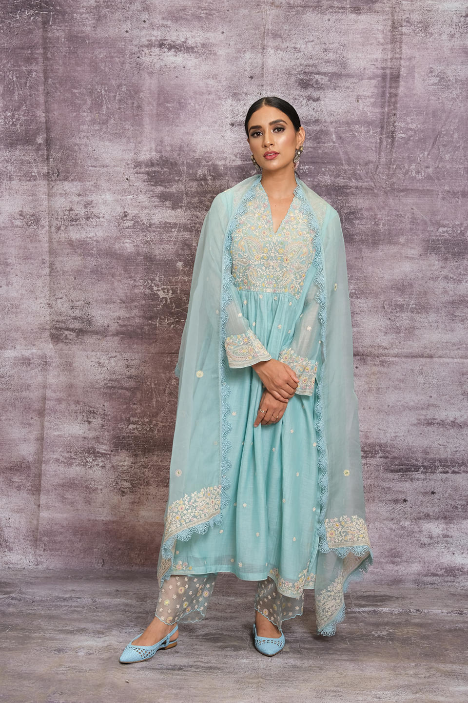 Light Blue Dori Paisley Frock Style Kurta Set
